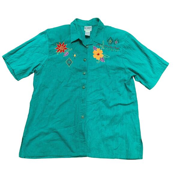 VTG Koret teal green button down blouse bright floral embroidery beading MEDIUM‎ - Picture 1 of 8